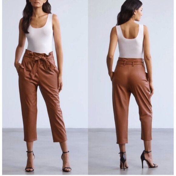 Commando Cocoa Brown Stretch Faux Leather Paperbag Tie High Waist Cropped Pants - Picture 1 of 11